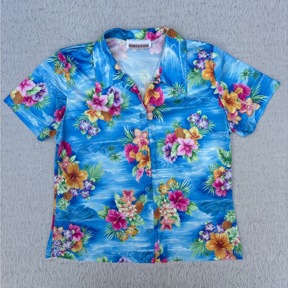 Vintage Blue Floral Hawaiian Button Down T-Shirt